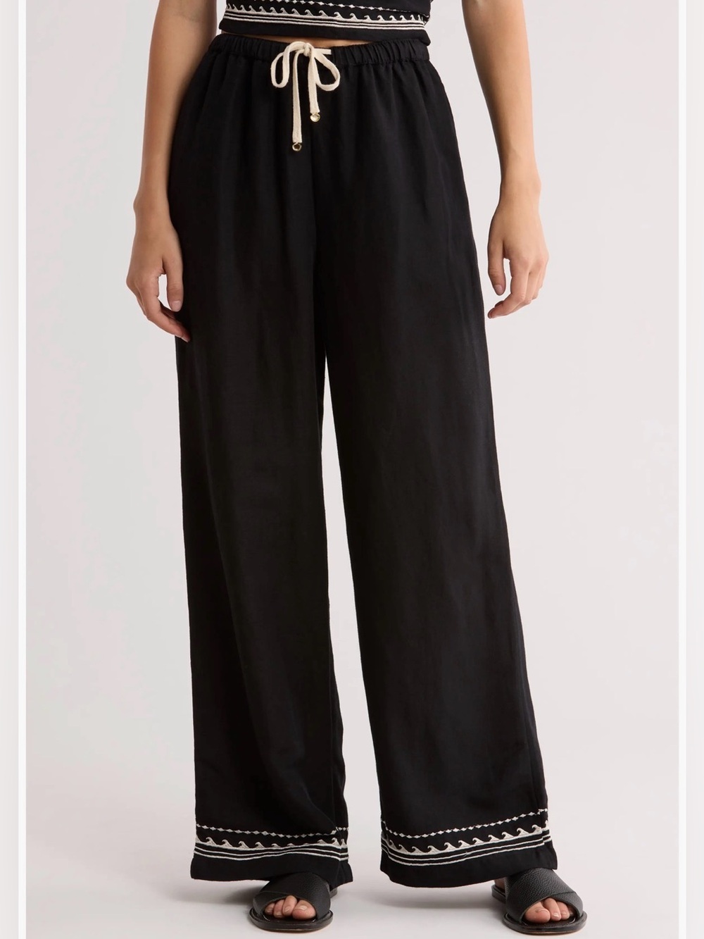RIP CURL • Soleil black wide leg pants linen blend and wave embroidered hem